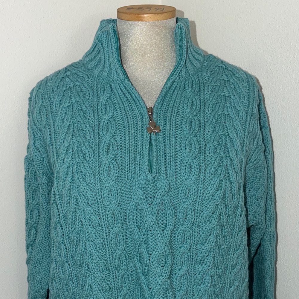 Aran Crafts Ireland blue 100% merino wool 1/4 zip sweater XL cable knit